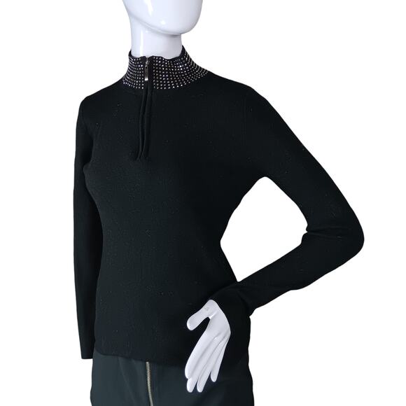 Vila Milano Tops - Vila Milano Elegant Fine Knit Top Black Size Medium Studded Collar Zipper Up